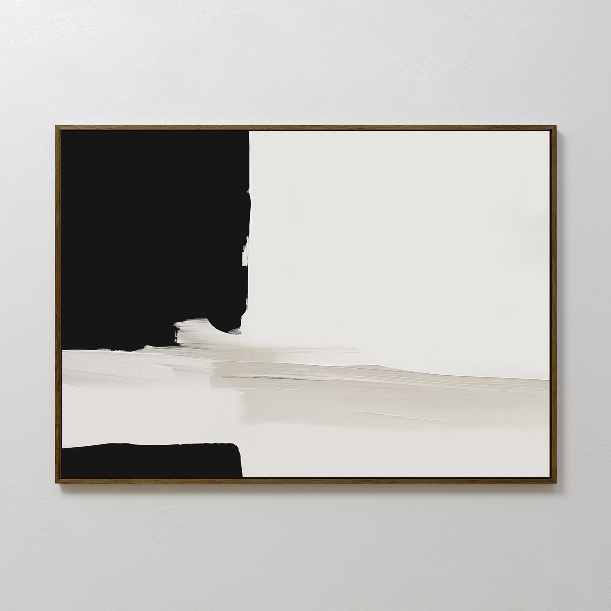 The Monochrome Harmony Canvas Art – Horizontal features minimalist wall art with a bold black block on the left, large white area on the right, and broad beige and gray brushstrokes over a crisp white background.
