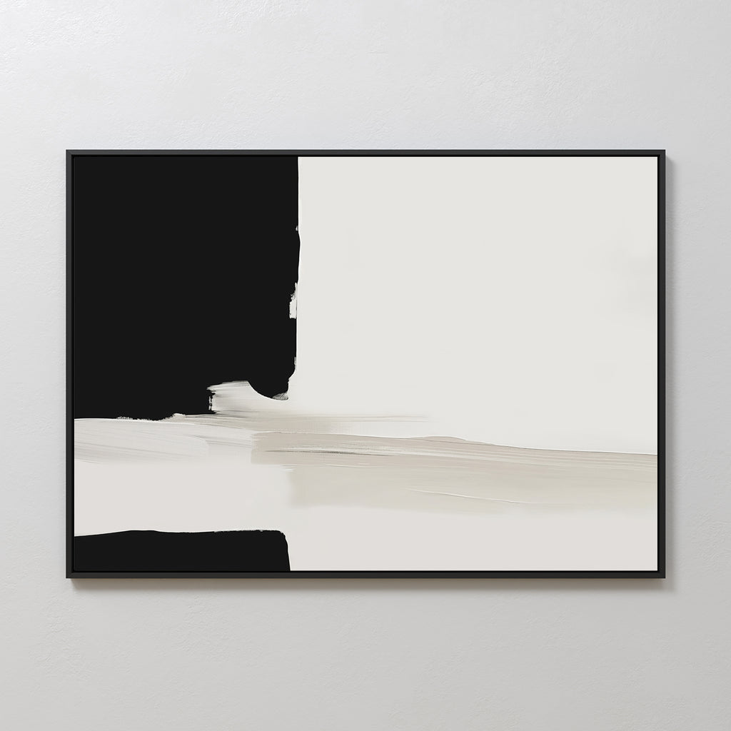 Monochrome Harmony Canvas Art – Horizontal features bold black and white sections with blurred beige brushstrokes. This framed modern piece adds a striking, minimalist touch to any plain wall.