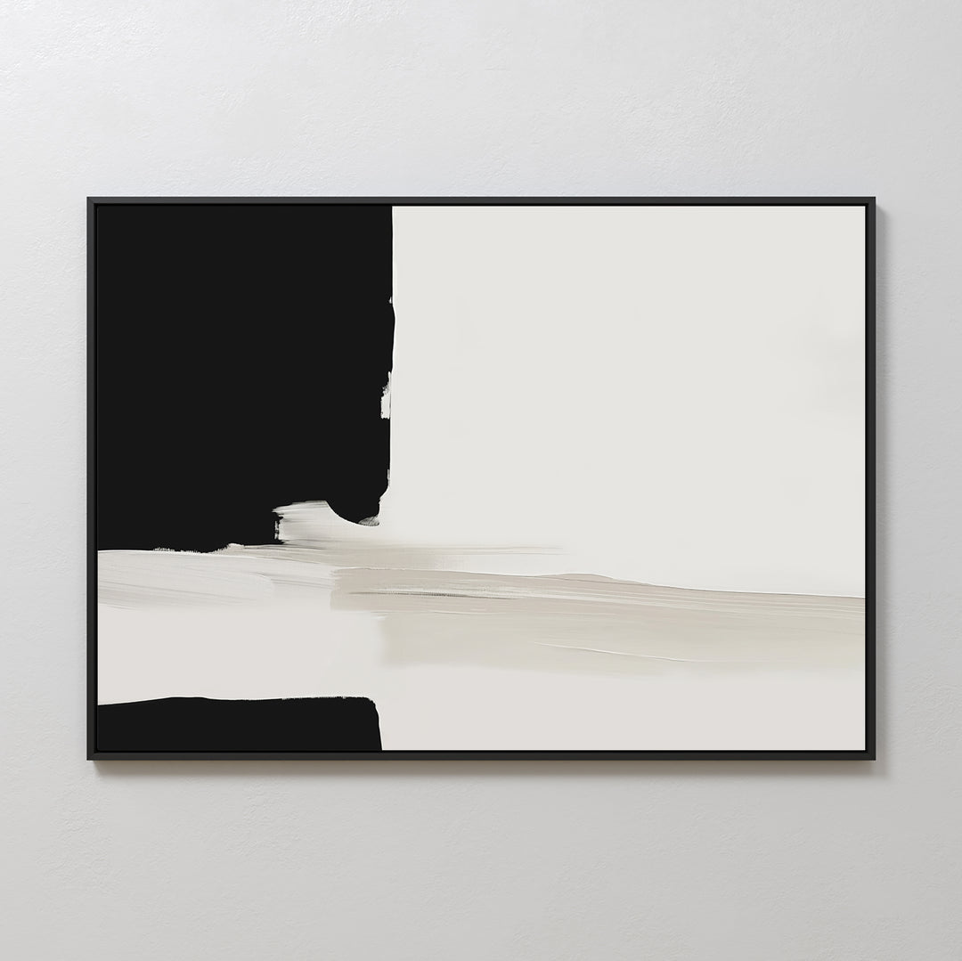 Monochrome Harmony Canvas Art – Horizontal features bold black and white sections with blurred beige brushstrokes. This framed modern piece adds a striking, minimalist touch to any plain wall.