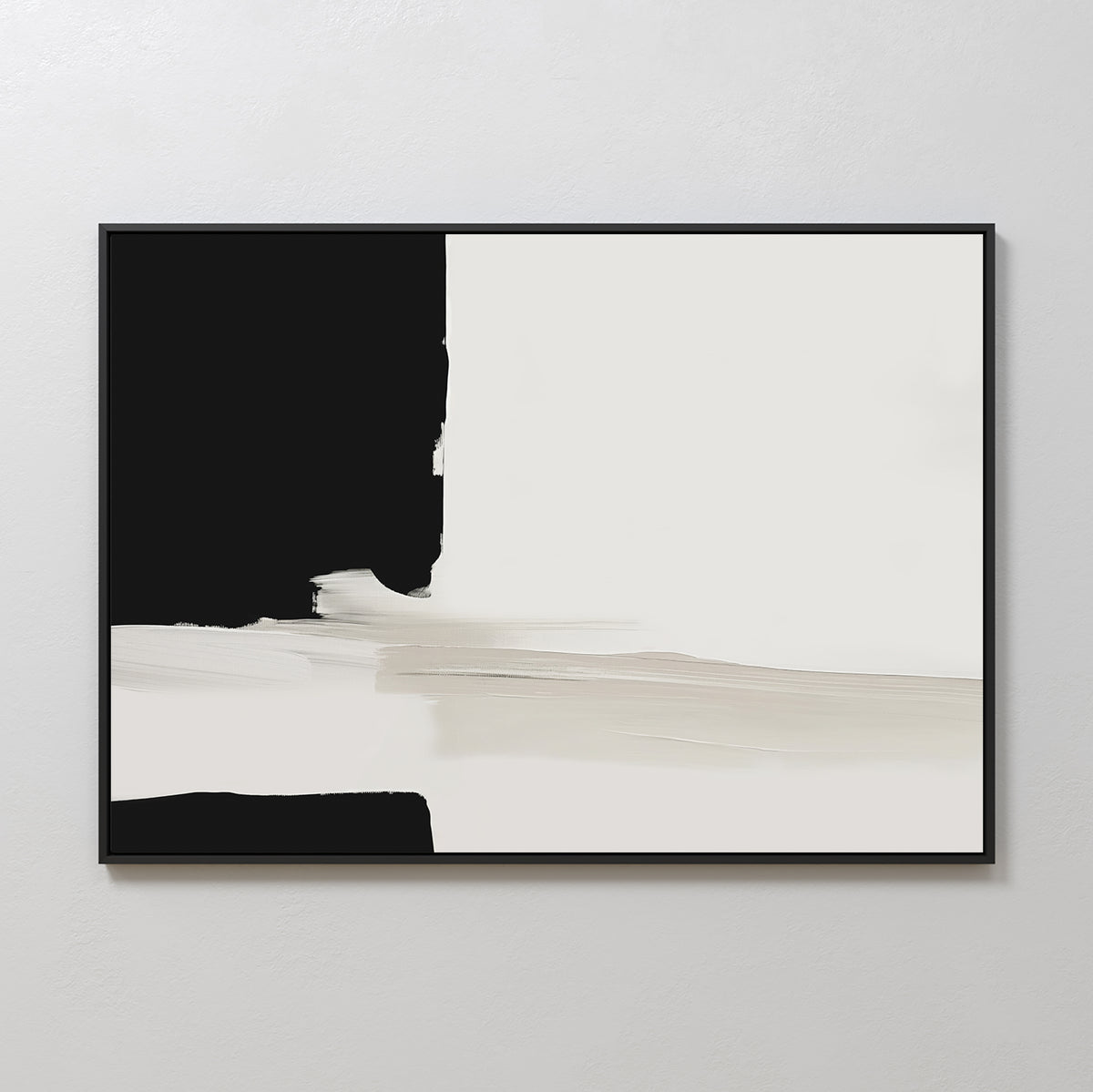 Monochrome Harmony Canvas Art – Horizontal features bold black and white sections with blurred beige brushstrokes. This framed modern piece adds a striking, minimalist touch to any plain wall.