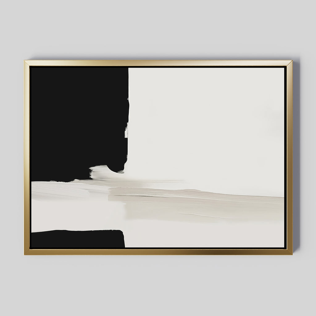 Monochrome Harmony Canvas Art – Horizontal features a gold frame with bold black on the left, white on the right, and cream brushstrokes blending both over a light gray background, creating a striking modern minimalist wall art piece.