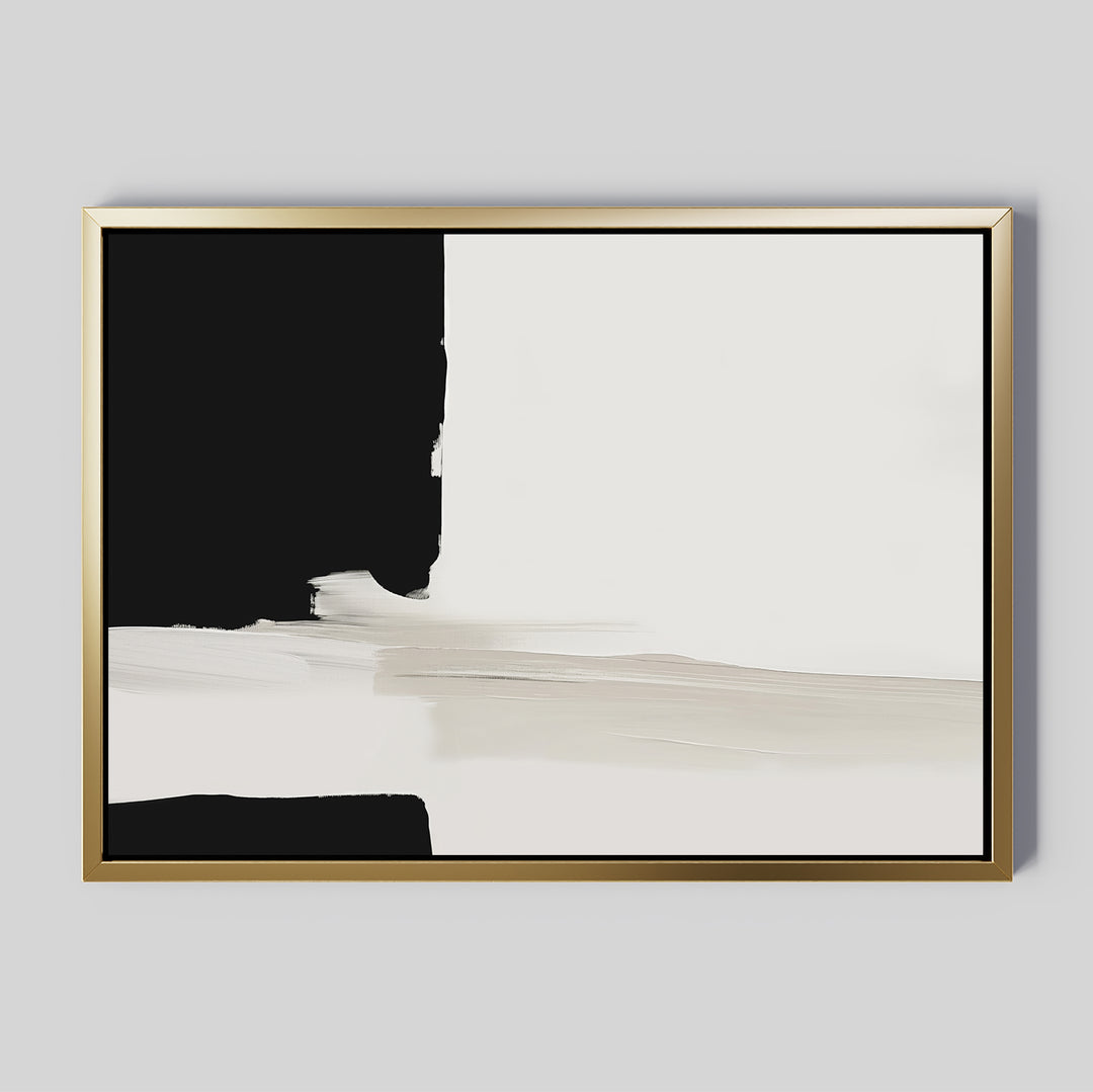 Monochrome Harmony Canvas Art – Horizontal features a gold frame with bold black on the left, white on the right, and cream brushstrokes blending both over a light gray background, creating a striking modern minimalist wall art piece.