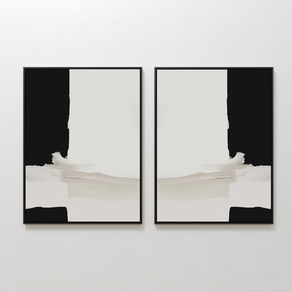 The Monochrome Harmony Set of 2 features bold black forms and pale beige brushstrokes in mirrored compositions, creating striking minimalist wall art with a contemporary aesthetic.