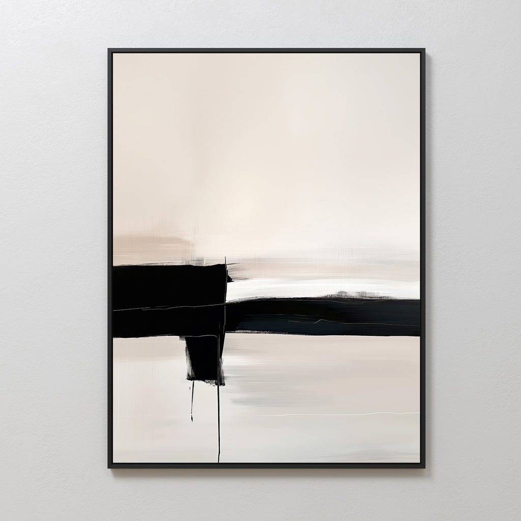 Monochrome Horizon Abstract Canvas Art showcases bold black and white horizontal and vertical brushstrokes intersecting on a beige background, framed and displayed on a plain light wall for a modern minimalist look.