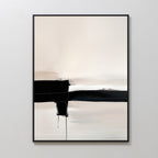 Monochrome Horizon Abstract Canvas Art showcases bold black and white horizontal and vertical brushstrokes intersecting on a beige background, framed and displayed on a plain light wall for a modern minimalist look.