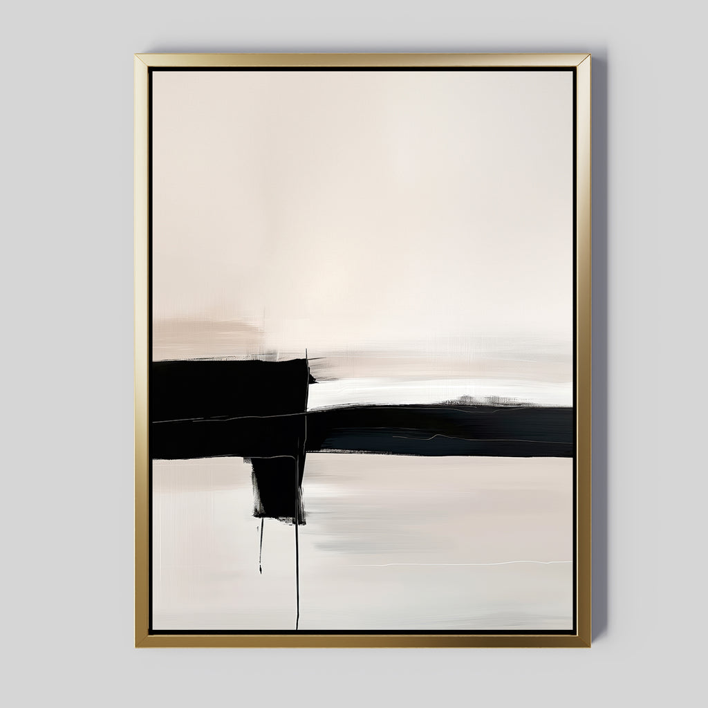 Monochrome Horizon Abstract Canvas Art features bold black brushstrokes on a soft beige and white background, framed in gold. Its smooth transitions and clean, modern lines make it perfect wall decor for contemporary spaces.