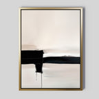 Monochrome Horizon Abstract Canvas Art features bold black brushstrokes on a soft beige and white background, framed in gold. Its smooth transitions and clean, modern lines make it perfect wall decor for contemporary spaces.