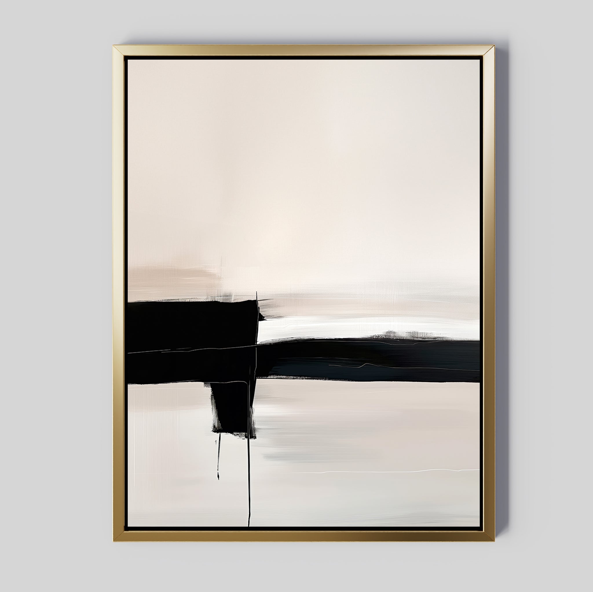 Monochrome Horizon Abstract Canvas Art features bold black brushstrokes on a soft beige and white background, framed in gold. Its smooth transitions and clean, modern lines make it perfect wall decor for contemporary spaces.