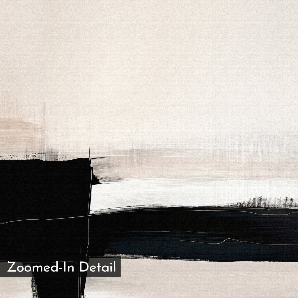 The Monochrome Horizon Abstract Canvas Art features bold black horizontal and vertical brushstrokes on a light beige background, creating a modern, minimalist look. "Zoomed-In Detail" appears in the lower left corner of the image.