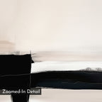 The Monochrome Horizon Abstract Canvas Art features bold black horizontal and vertical brushstrokes on a light beige background, creating a modern, minimalist look. "Zoomed-In Detail" appears in the lower left corner of the image.