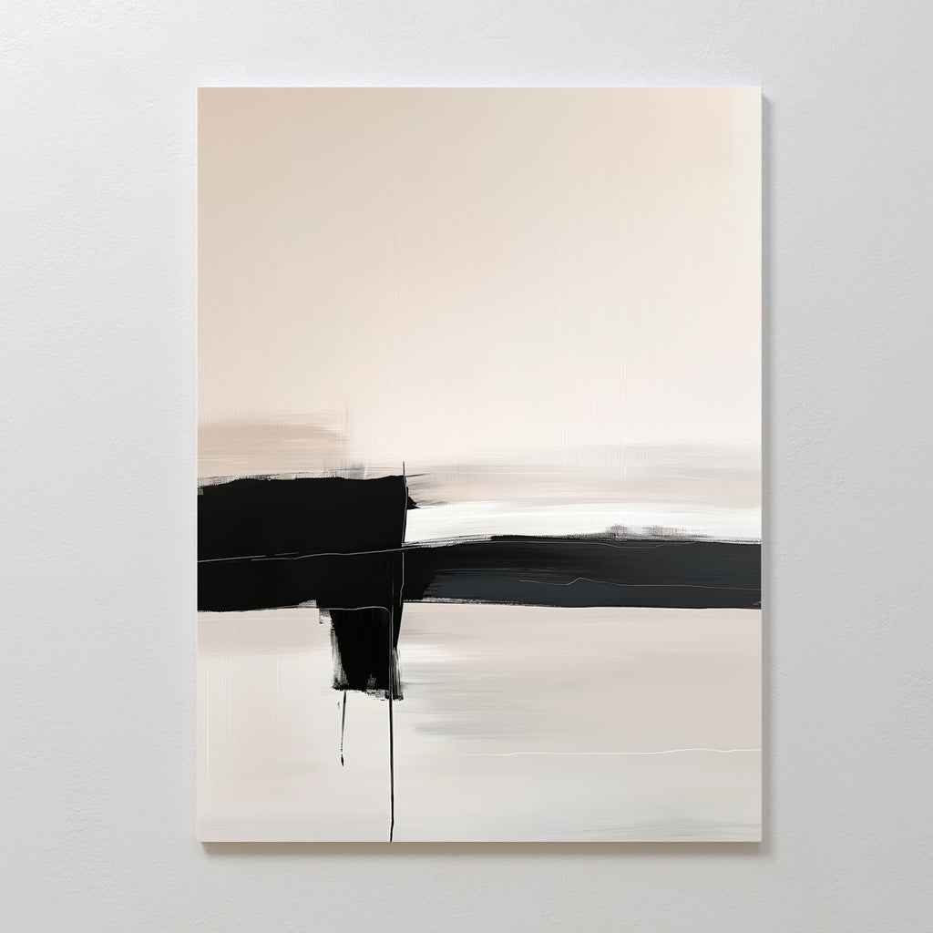 The Monochrome Horizon Abstract Canvas Art features bold black horizontal and vertical brushstrokes on a soft beige and white background—an ideal minimalist accent for modern living room decor.
