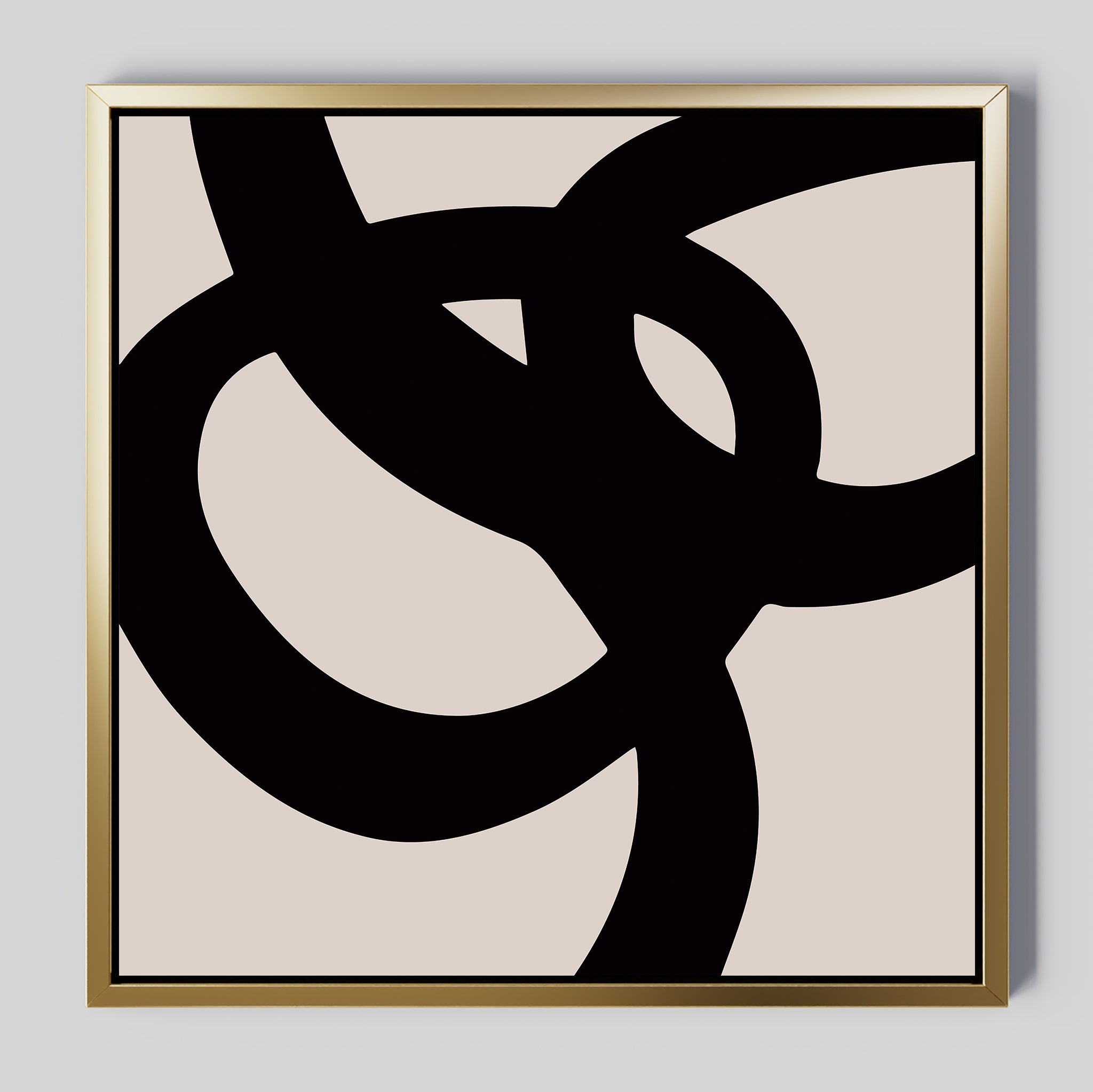 Monochrome Stream Abstract Canvas Art features bold, black interlocking curves on a beige background with a slim metallic gold frame. This minimalist piece adds modern elegance and striking shapes to any living room decor.
