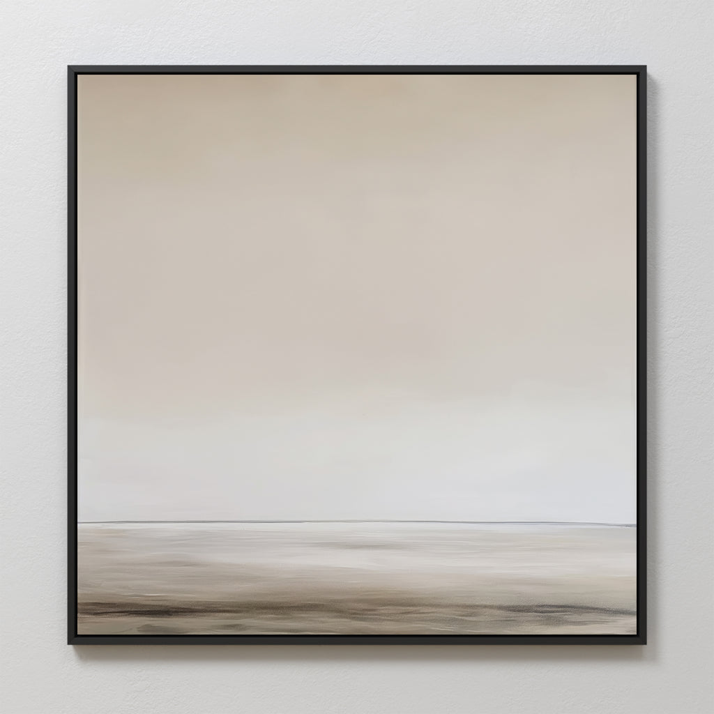 The Morning Mist Abstract Canvas Art, in a black frame, features a calm beige and light gray landscape with a soft gradient sky and textured ground, bringing modern elegance to your decor.