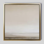 The Morning Mist Abstract Canvas Art features a minimalist landscape with a soft horizon and calming beige and gray tones, all framed in metallic gold for a touch of modern elegance.