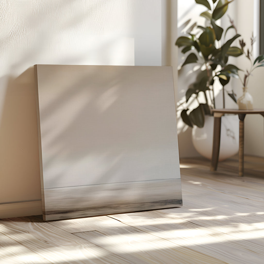 The Morning Mist Abstract Canvas Art leans against a white wall in a sunlit room with wooden floors, a green potted plant, and a small table in the background, creating a minimalist vibe.