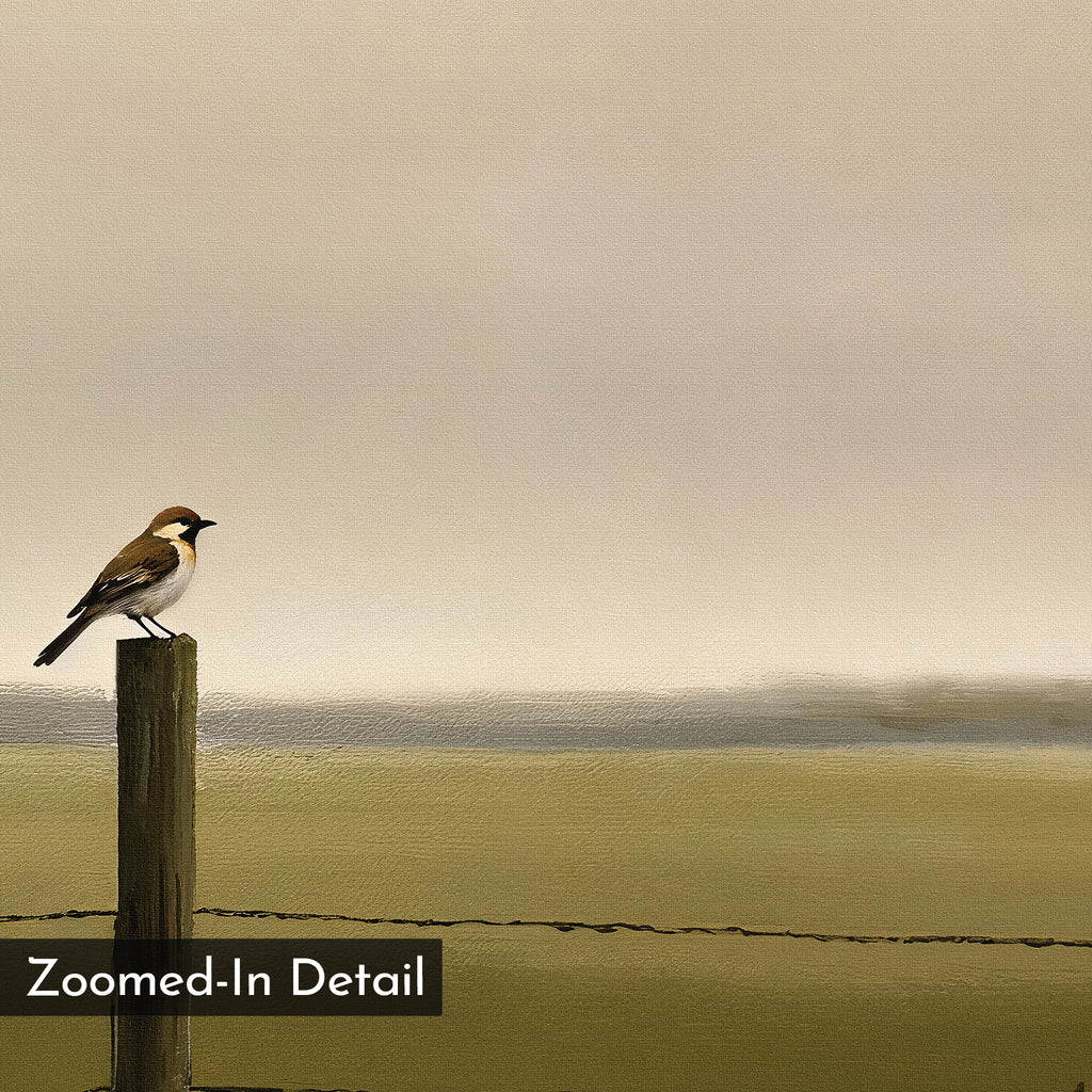 A small bird perches on a wooden fence post beneath a cloudy sky, with barbed wire running along the fence. "Morning Perch Canvas Art"—a zoomed-in detail ideal as minimalist wall decor for earthy interiors.