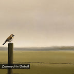 A small bird perches on a wooden fence post beneath a cloudy sky, with barbed wire running along the fence. "Morning Perch Canvas Art"—a zoomed-in detail ideal as minimalist wall decor for earthy interiors.