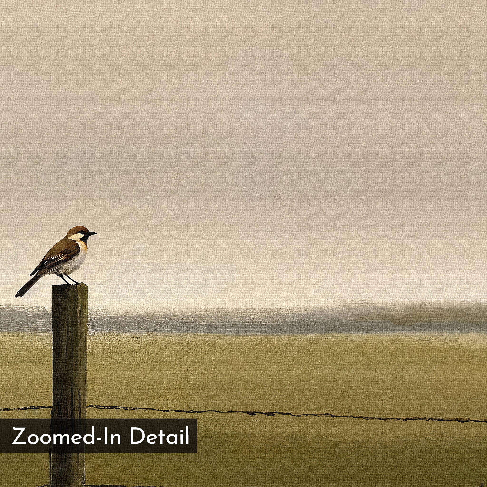 A small bird perches on a wooden fence post beneath a cloudy sky, with barbed wire running along the fence. "Morning Perch Canvas Art"—a zoomed-in detail ideal as minimalist wall decor for earthy interiors.