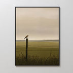 The Morning Perch Canvas Art showcases a small bird on a wooden fence post amid grassy fields and a hazy sky. Ideal for earthy interiors, it brings a calm, pastoral touch to any space.