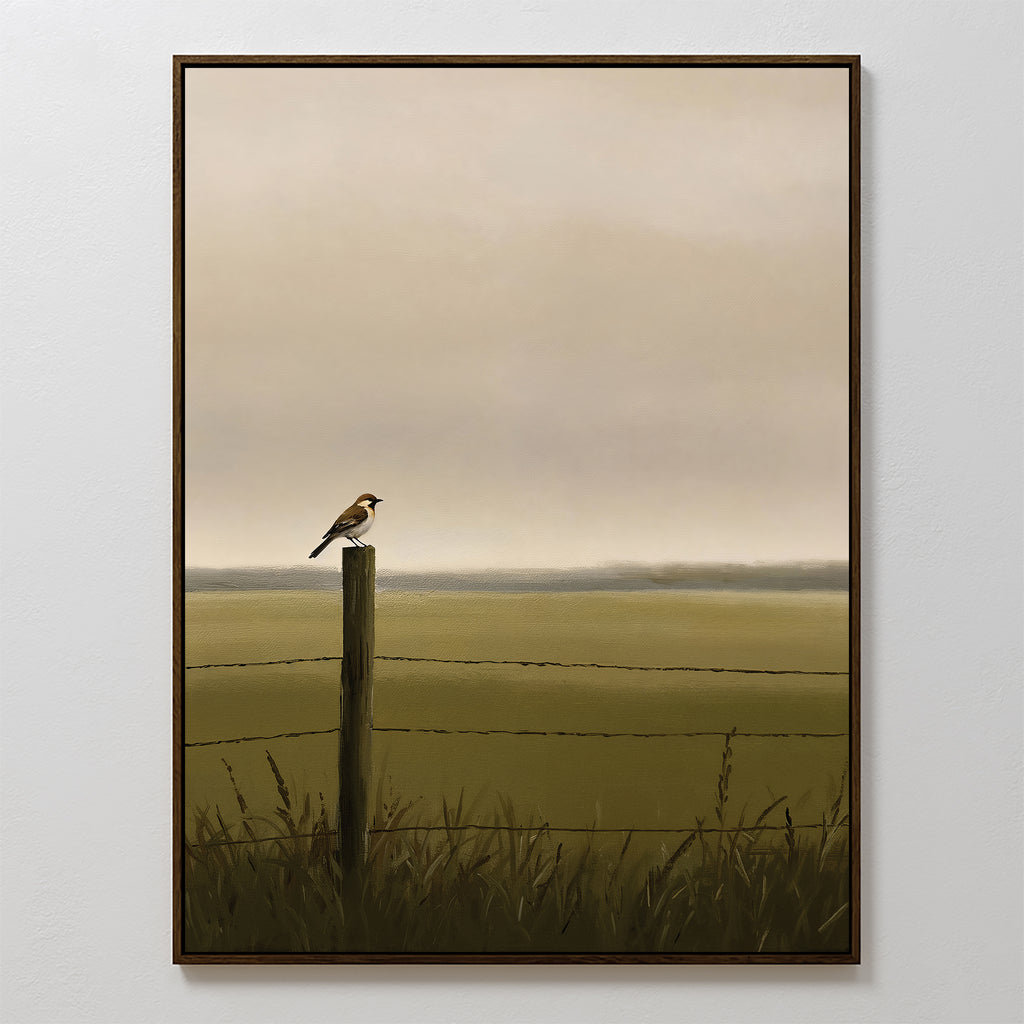 The Morning Perch Canvas Art depicts a small bird on a wooden fence post in a grassy field with barbed wire and a hazy sky—perfect minimalist wall decor for earthy interiors.