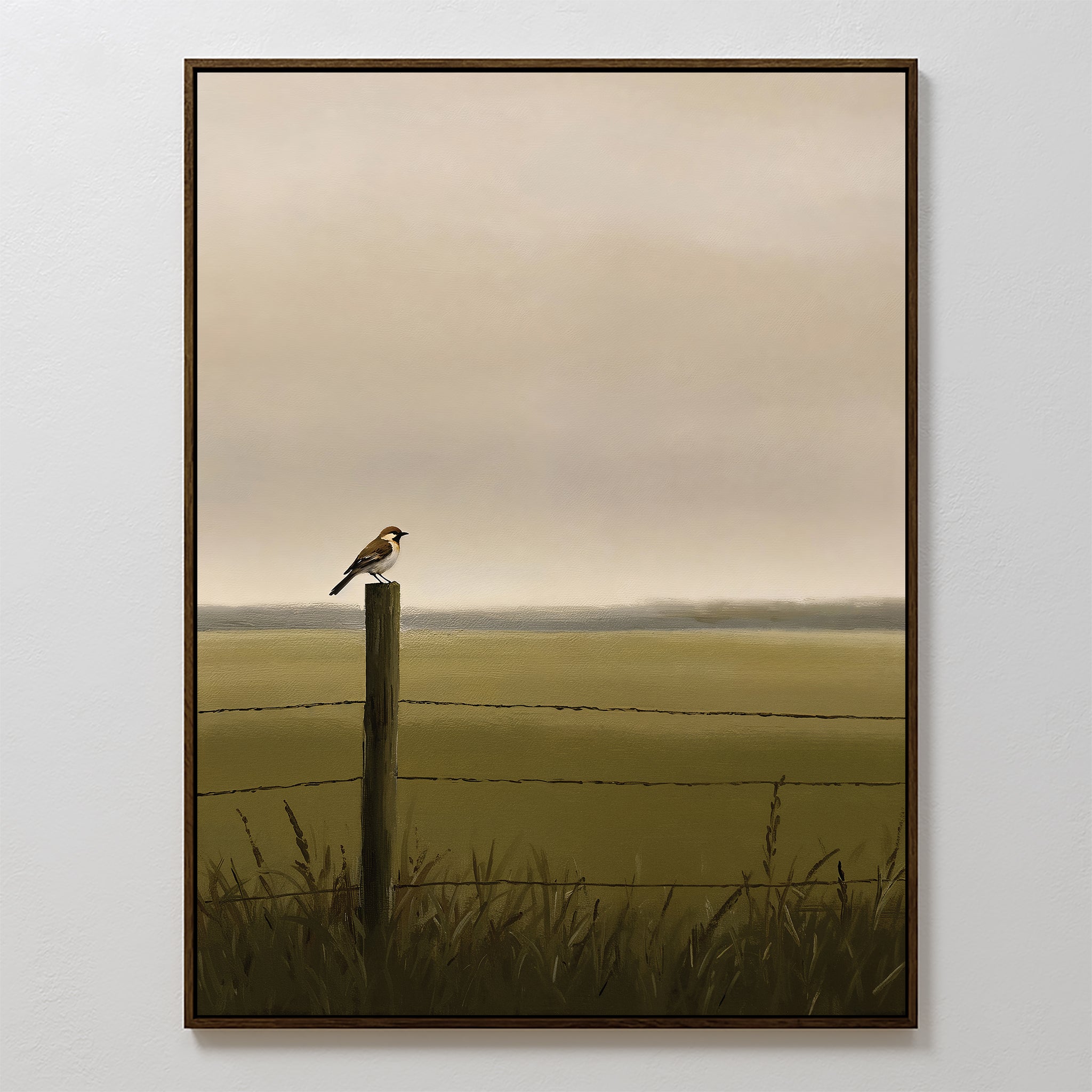 The Morning Perch Canvas Art depicts a small bird on a wooden fence post in a grassy field with barbed wire and a hazy sky—perfect minimalist wall decor for earthy interiors.
