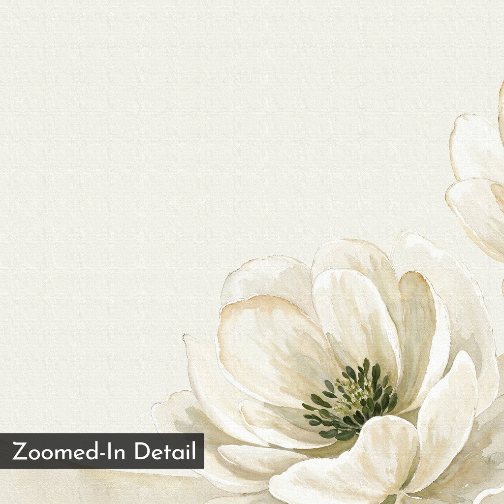 Morning Petals Canvas Art features a close-up of soft beige and white petals with a dark green center on a light background, creating striking minimalist wall art. "Zoomed-In Detail" is displayed in the lower left corner.