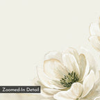 Morning Petals Canvas Art features a close-up of soft beige and white petals with a dark green center on a light background, creating striking minimalist wall art. "Zoomed-In Detail" is displayed in the lower left corner.