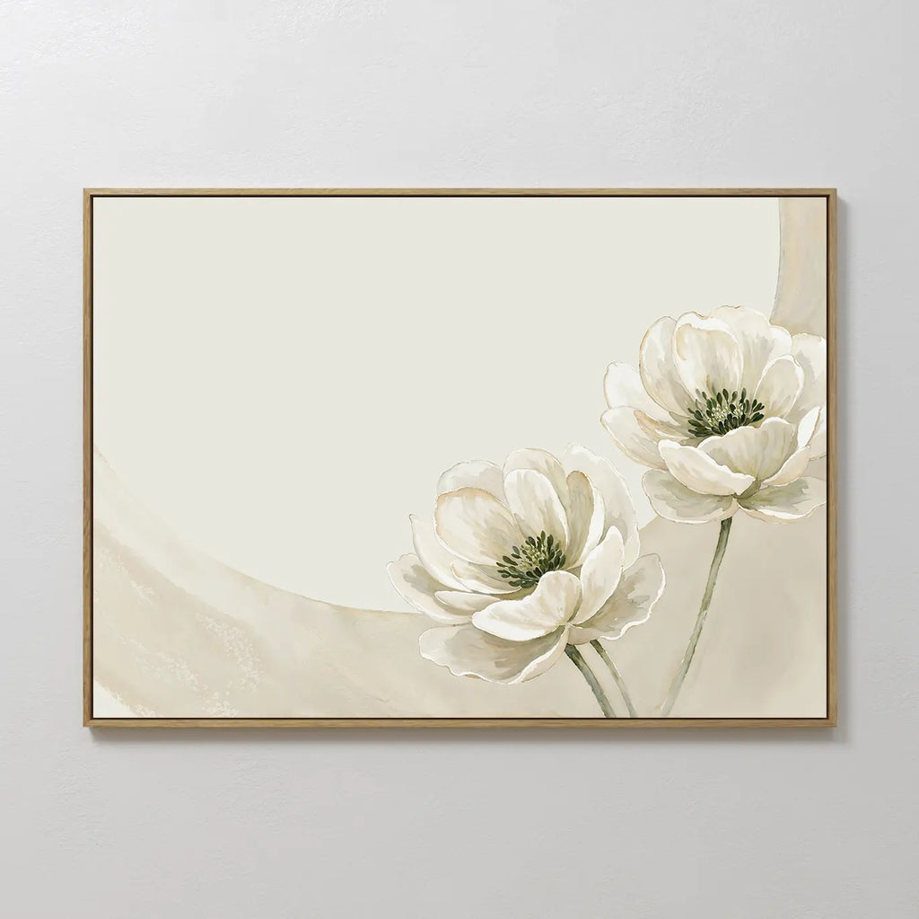 Morning Petals Canvas Art features two white flowers with green centers on a light beige background, rendered in soft brush strokes and a minimalistic style—ideal floral wall art for elegant bedroom decor.