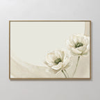 Morning Petals Canvas Art features two white flowers with green centers on a light beige background, rendered in soft brush strokes and a minimalistic style—ideal floral wall art for elegant bedroom decor.