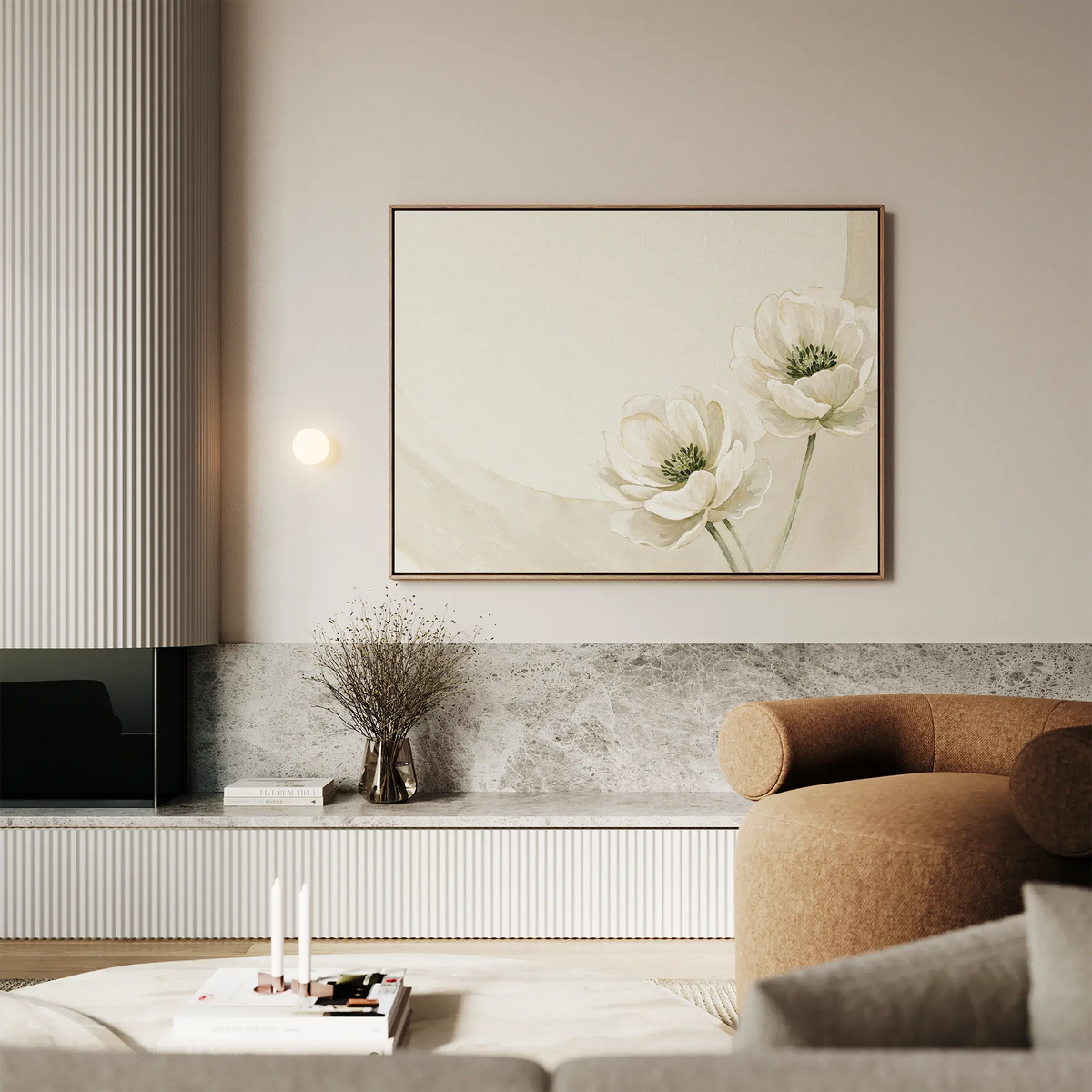 A modern living room featuring a light brown sofa, a marble shelf with dried flowers, and the Morning Petals Canvas Art as floral wall decor. Neutral tones and soft lighting create a calm, minimalist ambiance.