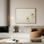 A modern living room featuring a light brown sofa, a marble shelf with dried flowers, and the Morning Petals Canvas Art as floral wall decor. Neutral tones and soft lighting create a calm, minimalist ambiance.
