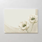 The Morning Petals Canvas Art features two white flowers with green centers and stems in the lower right, set on a soft cream background—ideal minimalist wall art for creating a calm and soothing bedroom ambiance.