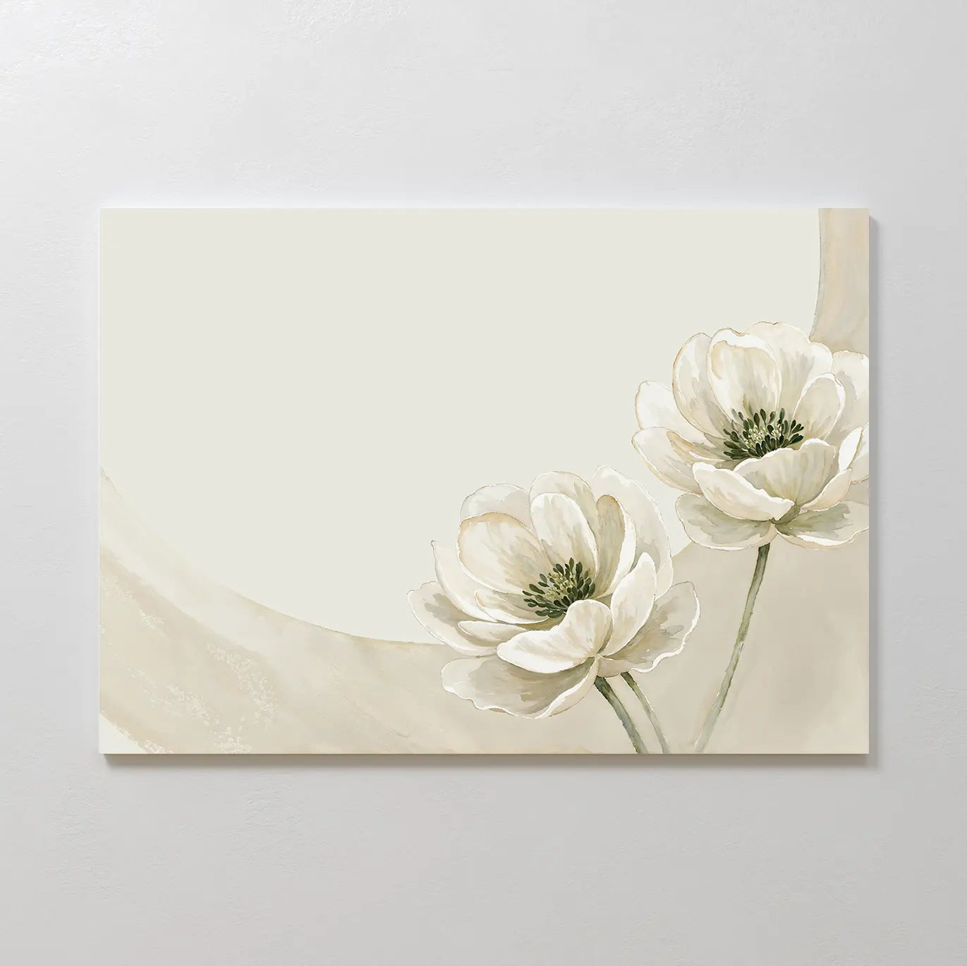 The Morning Petals Canvas Art features two white flowers with green centers and stems in the lower right, set on a soft cream background—ideal minimalist wall art for creating a calm and soothing bedroom ambiance.