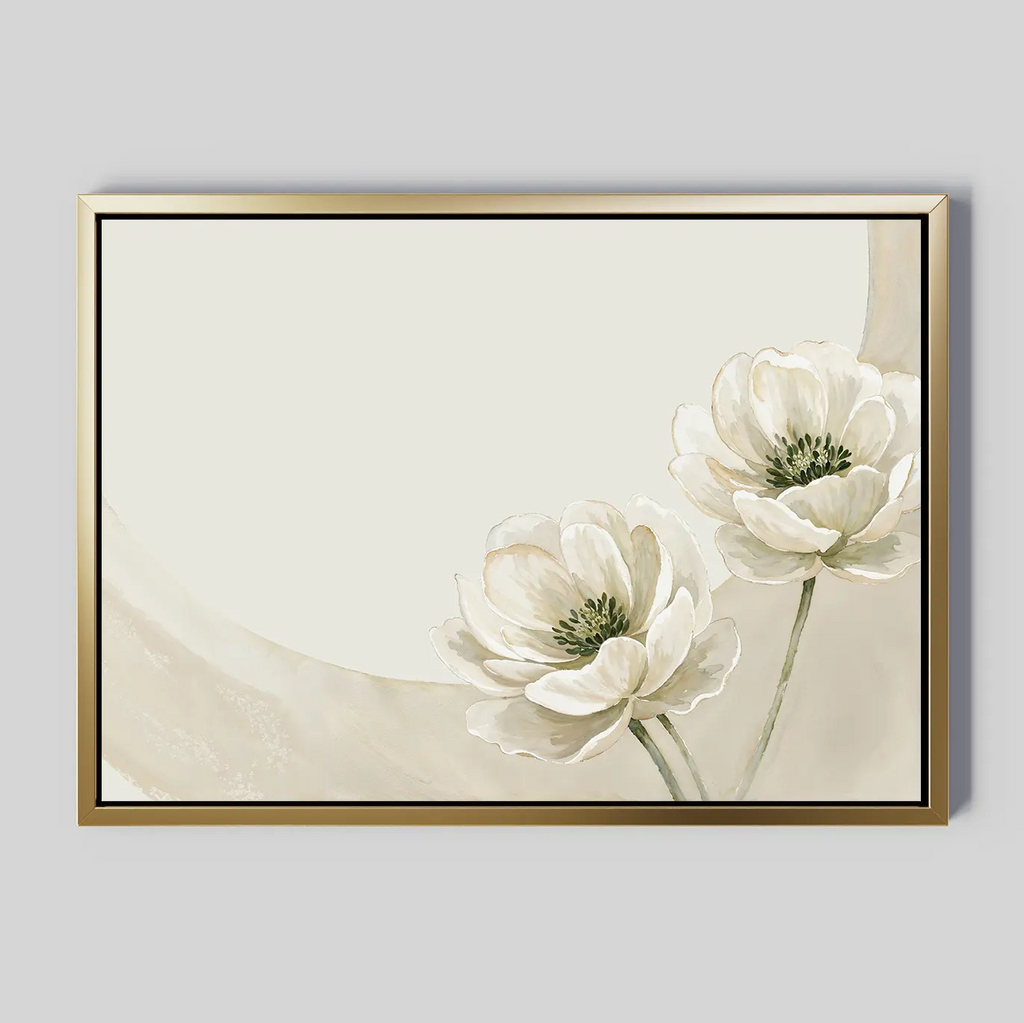 Morning Petals Canvas Art features two white flowers with green centers and stems on a light beige background, enhanced by soft neutral brushstrokes and a gold frame—ideal minimalist wall art for bedroom decor.