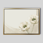 Morning Petals Canvas Art features two white flowers with green centers and stems on a light beige background, enhanced by soft neutral brushstrokes and a gold frame—ideal minimalist wall art for bedroom decor.