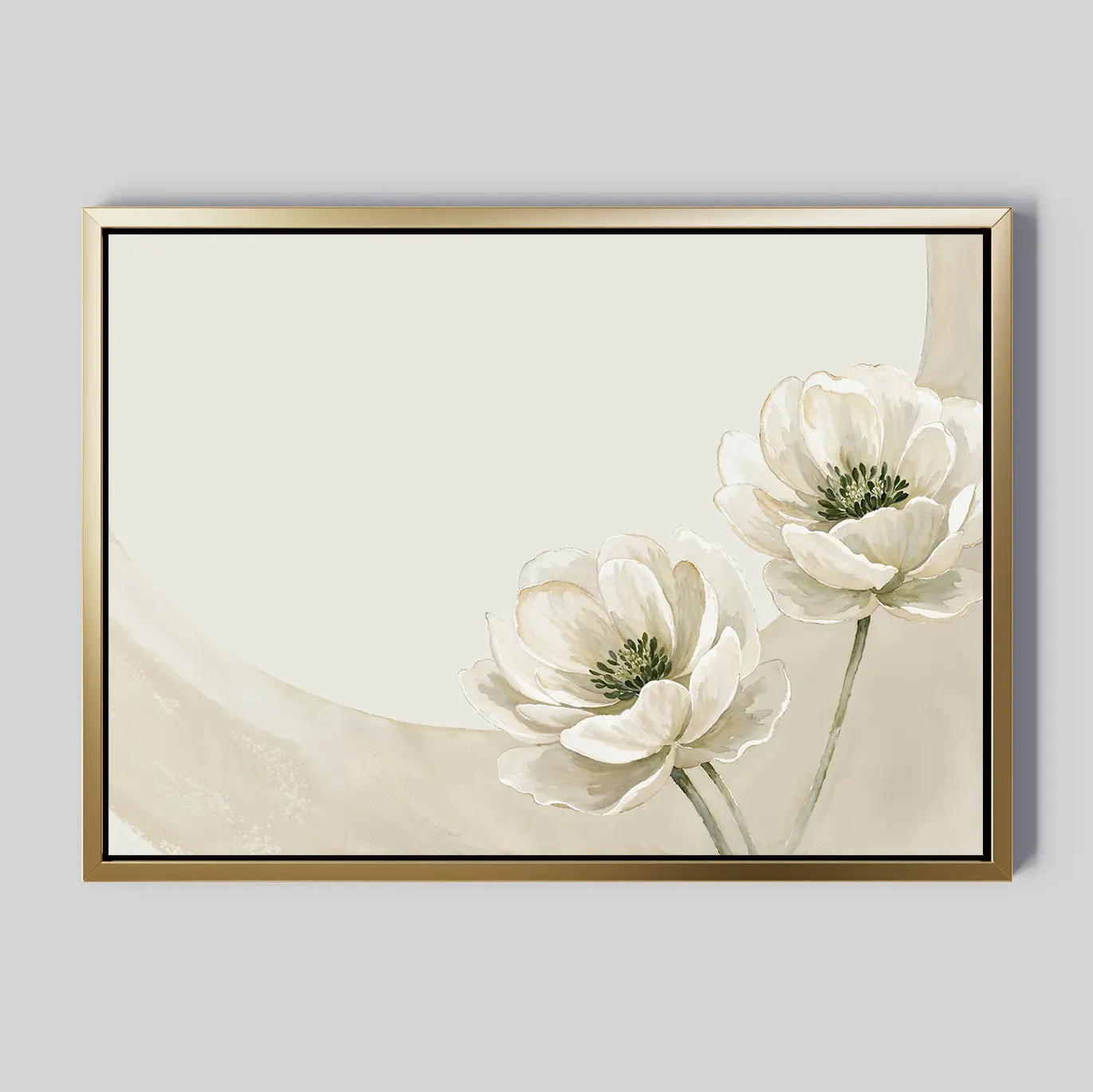 Morning Petals Canvas Art features two white flowers with green centers and stems on a light beige background, enhanced by soft neutral brushstrokes and a gold frame—ideal minimalist wall art for bedroom decor.