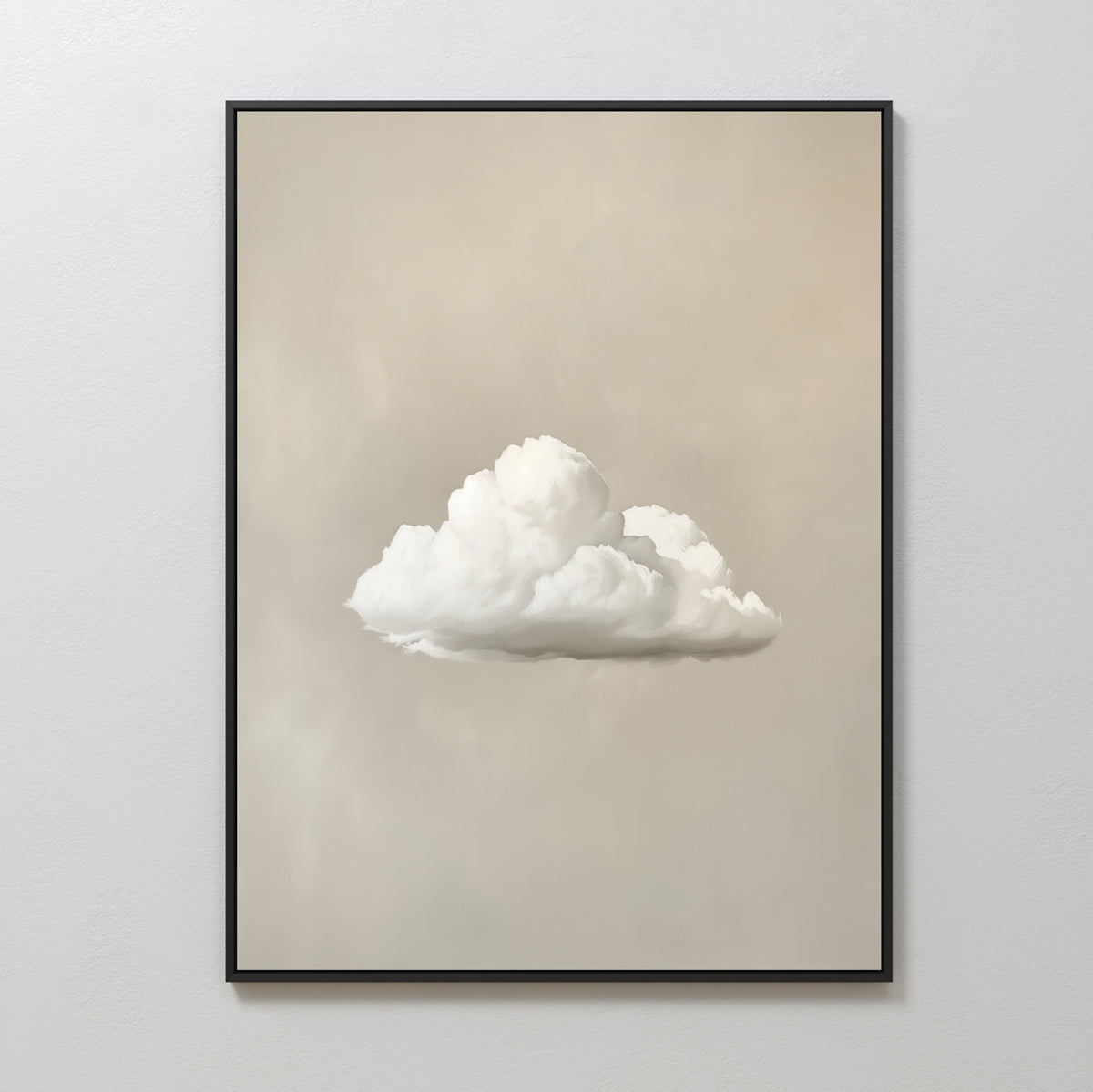 The Morning Sky Abstract Canvas Art, featuring a single fluffy white cloud on a soft beige background, adds serene minimalist decor to any plain white wall.
