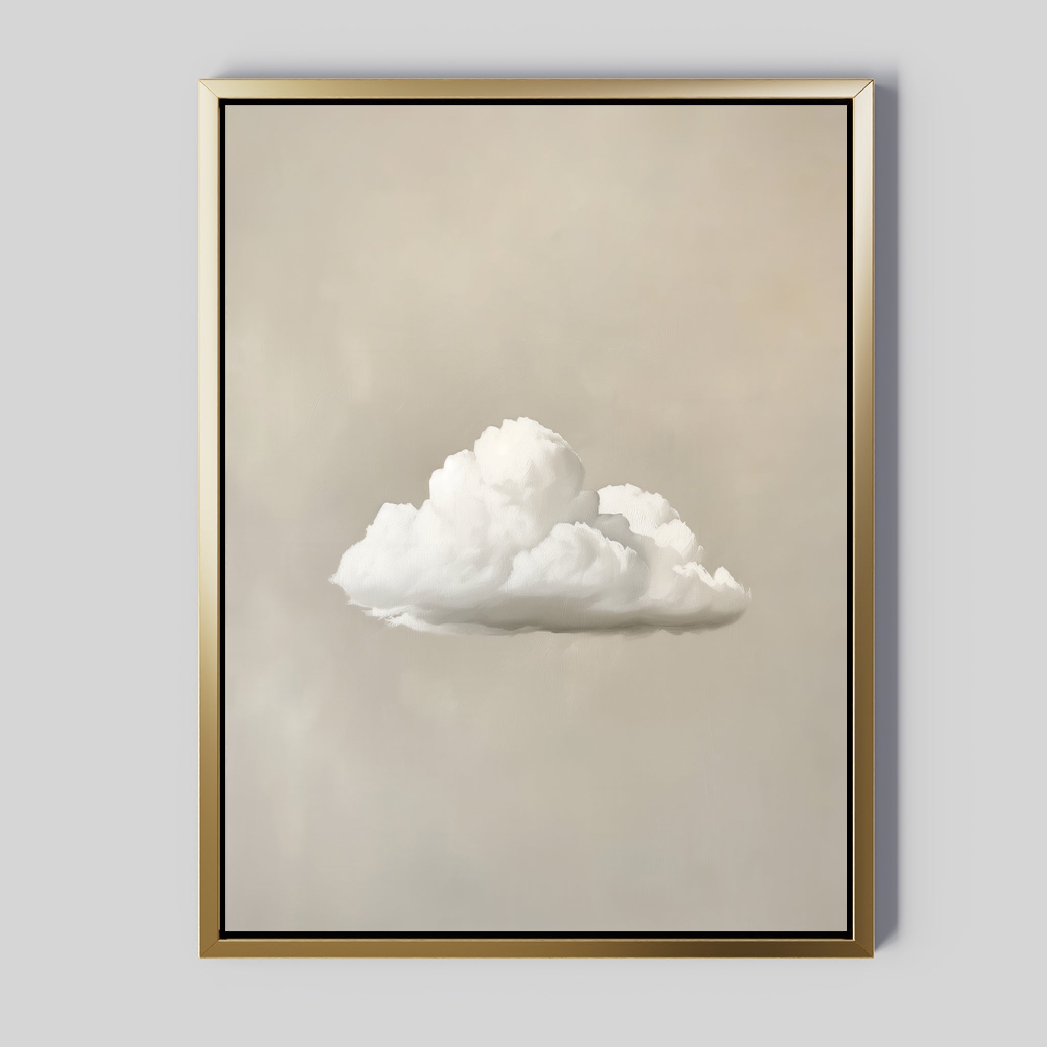 Enhance a plain light gray wall with the Morning Sky Abstract Canvas Art, a framed large wall piece showcasing a realistic white cloud against a smooth, light beige background for serene decor.
