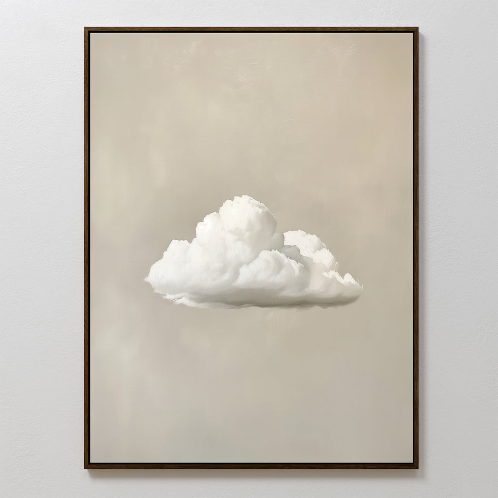 Morning Sky Abstract Canvas Art: a framed painting of a fluffy white cloud on a light beige background, ideal minimalist wall art to enhance serene decor.