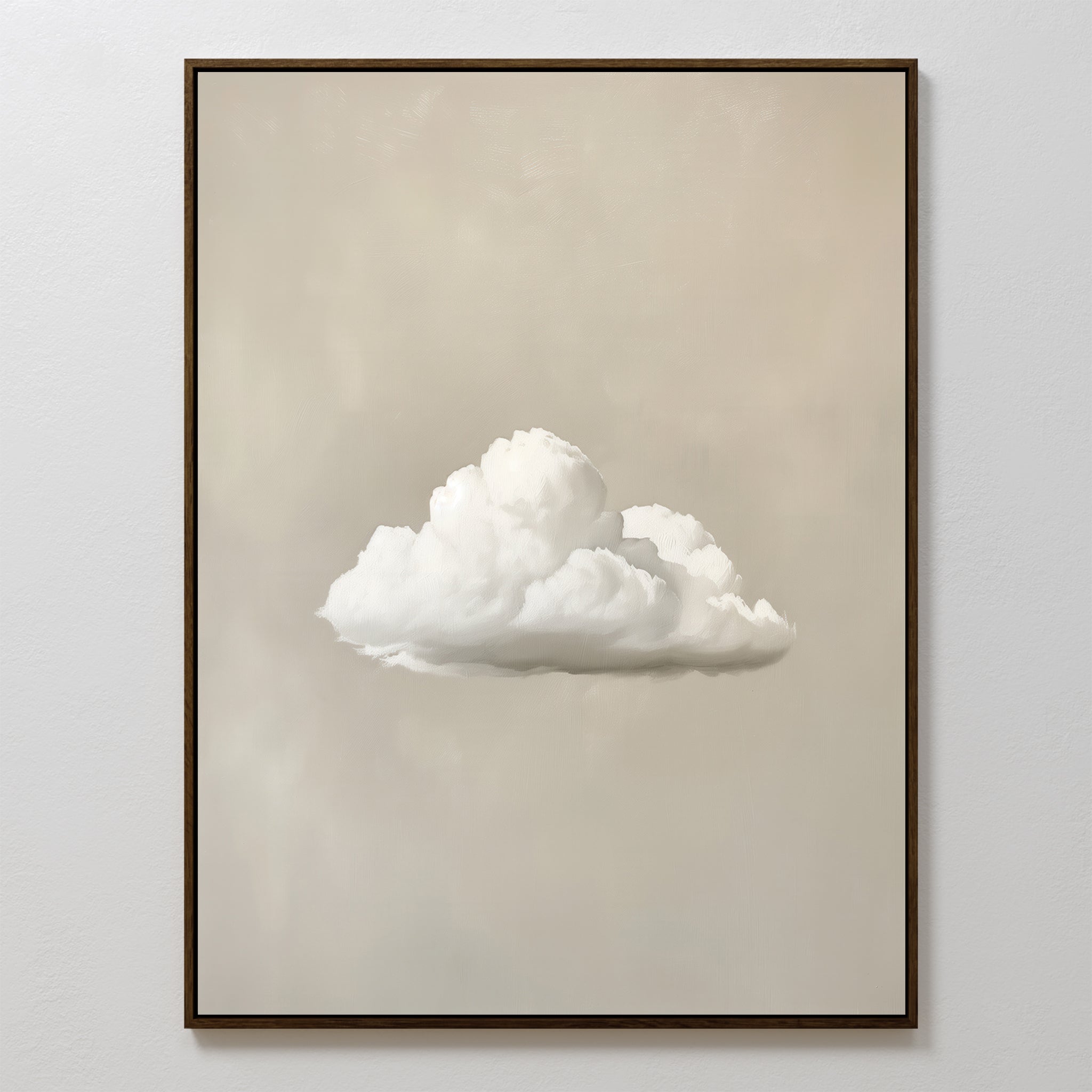 Morning Sky Abstract Canvas Art: a framed painting of a fluffy white cloud on a light beige background, ideal minimalist wall art to enhance serene decor.