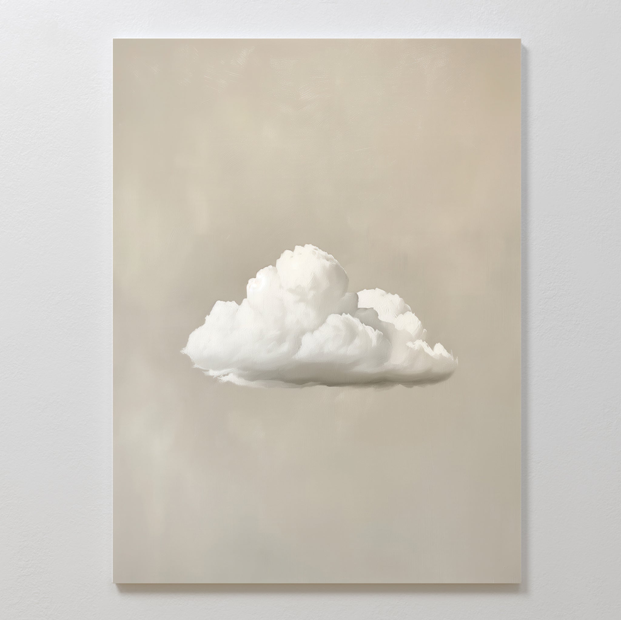The Morning Sky Abstract Canvas Art features a framed painting of a single white fluffy cloud on a soft beige background, creating serene and elegant minimalist wall decor for any space.