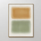The Morning Whisper Canvas Art showcases two large, soft-edged rectangles—one tan and one green—stacked vertically on a white background and set in a slim gold frame.