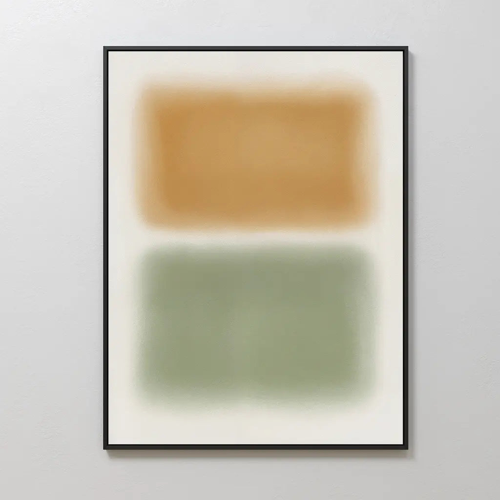 The Morning Whisper Canvas Art showcases two large, blurred rectangles—tan above sage green—on a white background, creating minimalist abstract wall art that suits contemporary spaces.