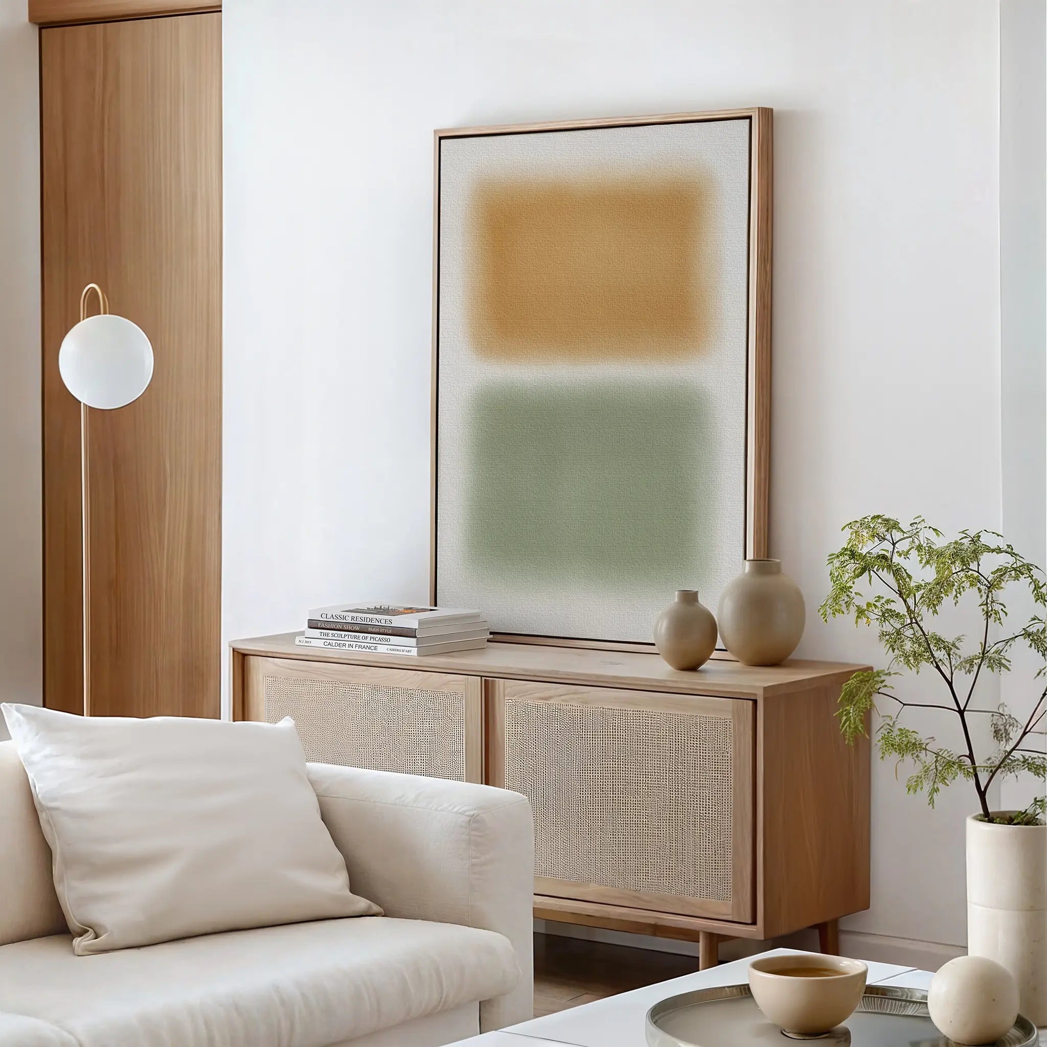 A minimalist living room with a light wooden sideboard, Morning Whisper Canvas Art featuring tan and green blocks, neutral vases, stacked books, a round glass coffee table, a soft white couch, and a leafy plant in the corner.