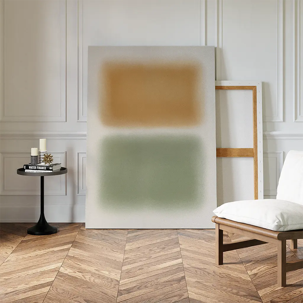 A minimal interior featuring a white wall, chevron wood floor, modern chair, small black round table with candles and books, and the Morning Whisper Canvas Art leaning casually against the minimalist wall.