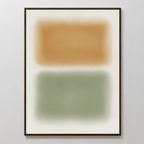 Morning Whisper Canvas Art: A minimalist piece with tan and sage green blurred rectangles stacked vertically on a white background, framed in a slim dark border.