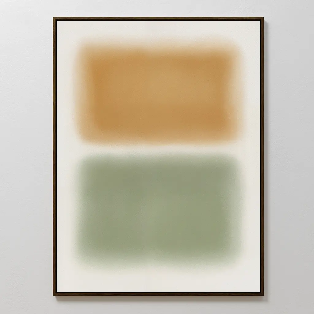 Morning Whisper Canvas Art: A minimalist piece with tan and sage green blurred rectangles stacked vertically on a white background, framed in a slim dark border.