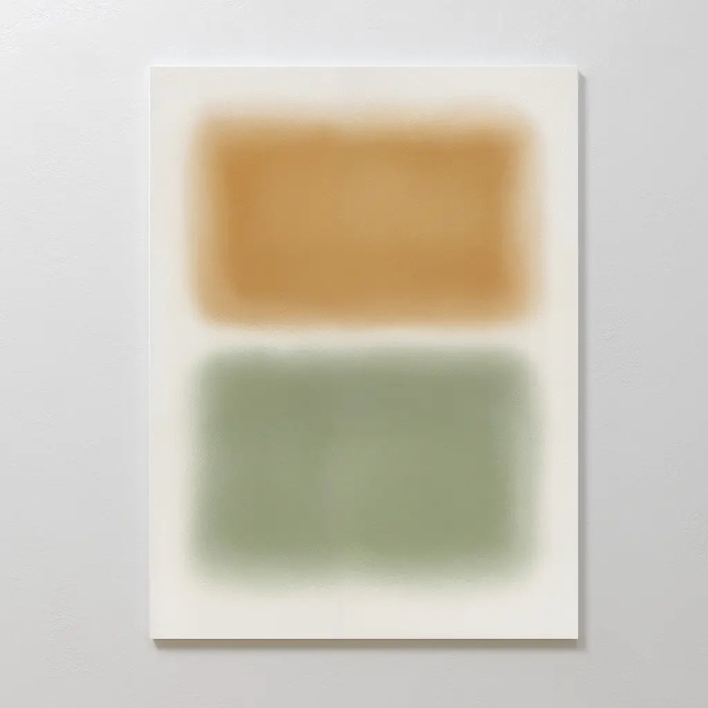 The Morning Whisper Canvas Art features minimalist wall art with two blurred rectangles—an orange-brown one atop a green one on a white background—ideal abstract décor for modern spaces.