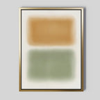 The Morning Whisper Canvas Art features two blurred rectangles—ochre orange above muted green—on a white background, framed in gold. Ideal minimalist wall art to enhance any modern space.