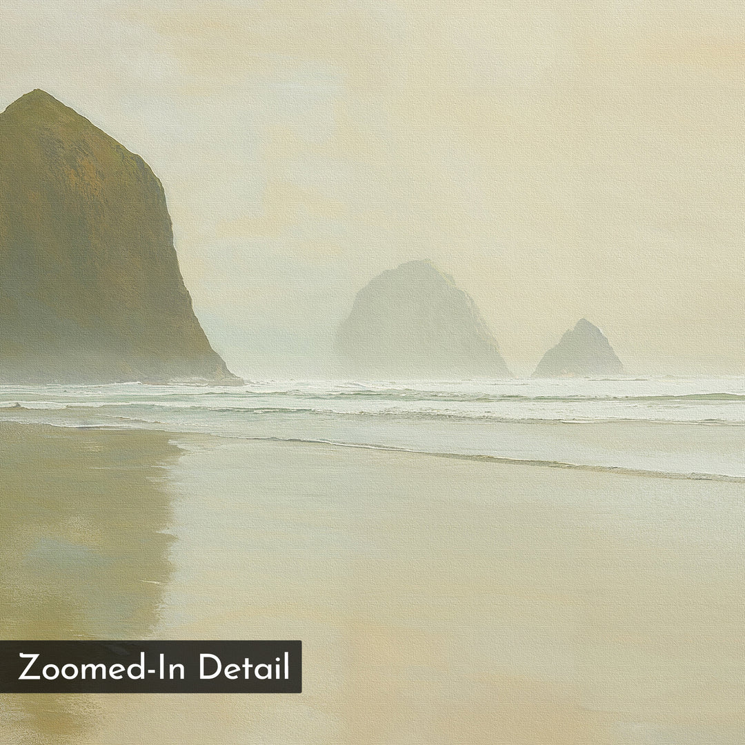 The Morning At Cannon Beach Canvas Art depicts a misty, serene beach with three large ocean rock formations, gentle waves, and soft reflections on wet sand. The artwork features a muted color palette and includes a label: Zoomed-In Detail.